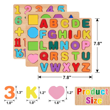 Wooden Puzzles For Toddlers 1 2 3 4 5 Year Old, Alphabet Puzzle Number Puzzle Shape Abc Puzzle, 3 In 1 Preschool Educational Learning Toys With Puzzle Board For Girls Boys Set Of 3