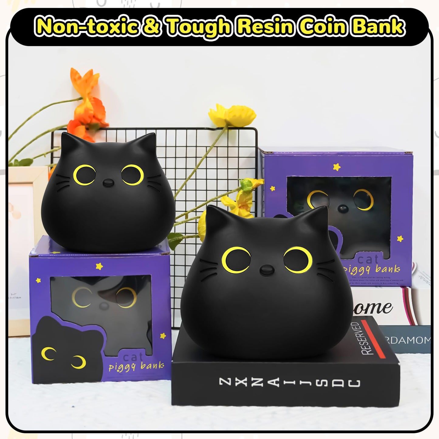 Jizwpoom Piggy Bank, Coin Piggy Bank Black Cat Money Saving Box Gifts For Kids, Black Cat Bank Coin Box Cat Coin Bank Piggy Bank Toy For Adults Boys Girls Birthday 7 X 6 Inches
