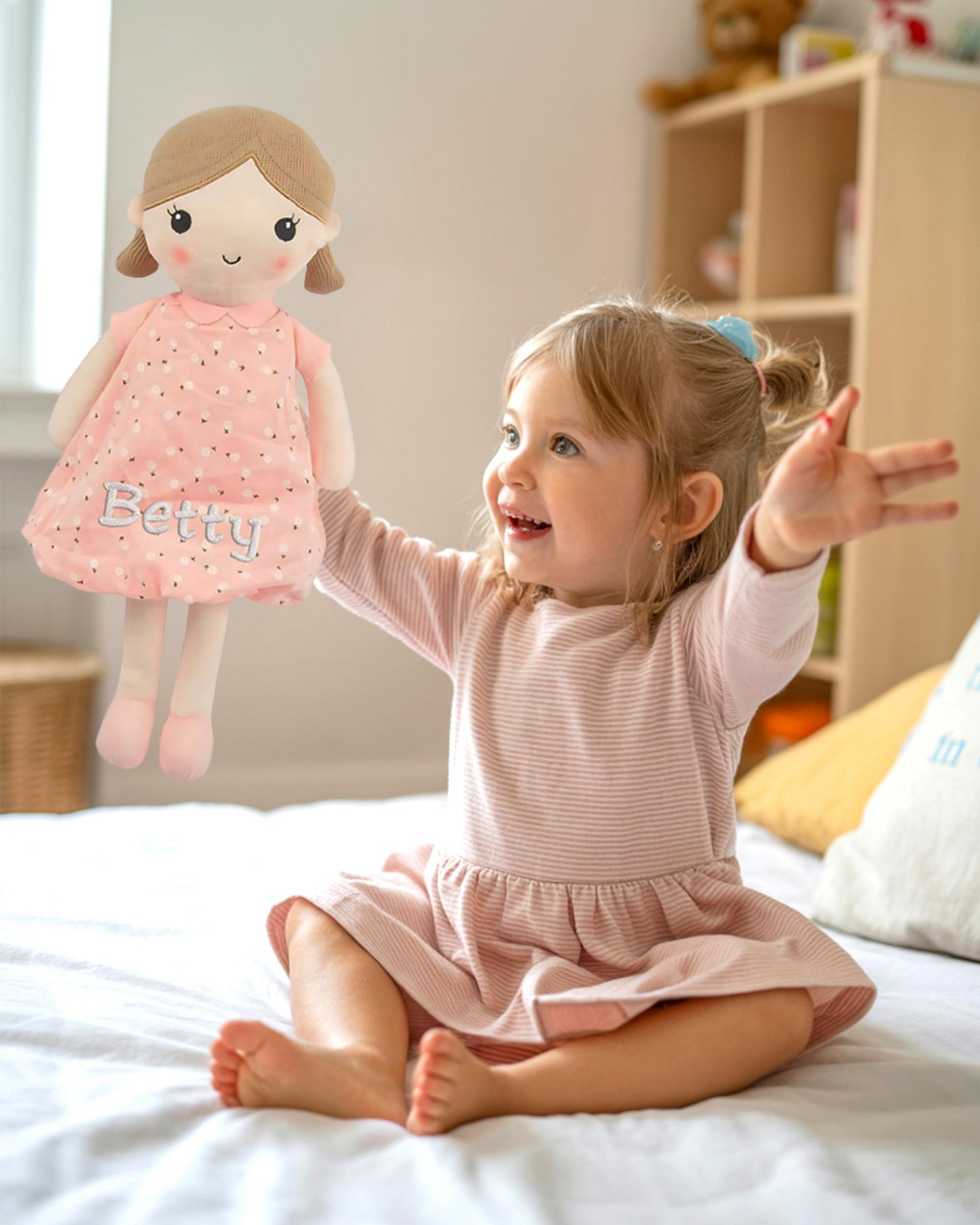 Linzy Personalized 15 Soft Plush Light Pink Emily Rag Doll with Embroidered Name - My First Rag Doll for Girls Mueca de Trapo Personalizada Customized Snuggle Toy for Kids