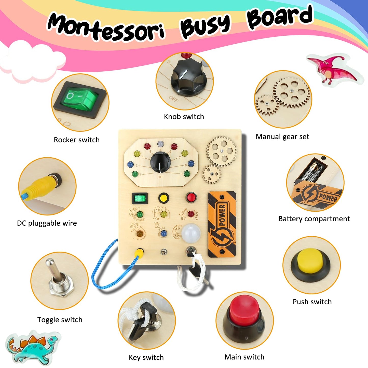 Jamiewin Montessori Busy Board With Led Light Switch For Toddlers 1-3, Wooden Sensory Board Travel Toys For Toddlers Baby, Monte