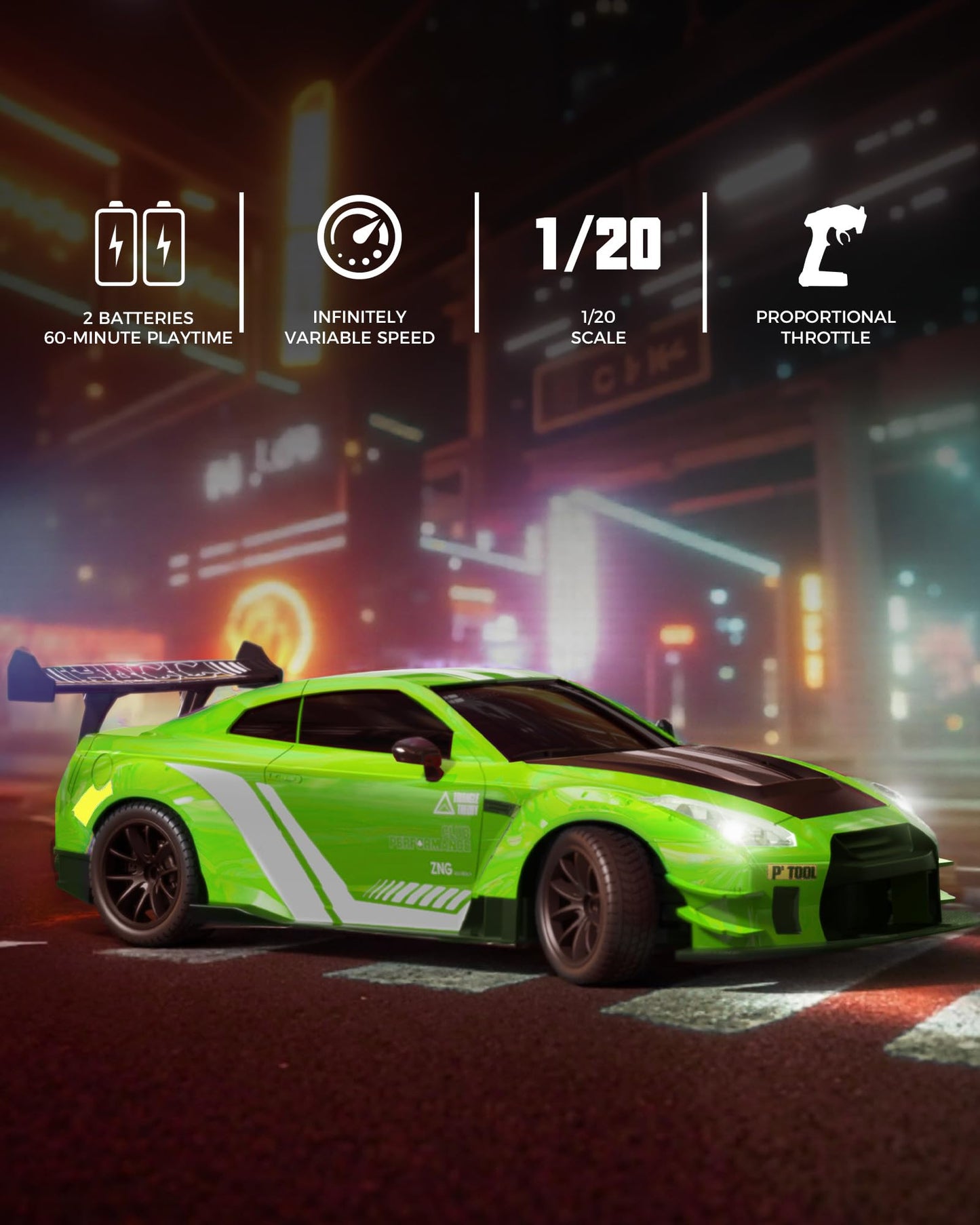 Racent 1:20 Rc Drift Car, High Speed Remote Control Car, 4Wd Rc Cars With Led Light, Racing And Drifting Wheels, 2 Batteries, To