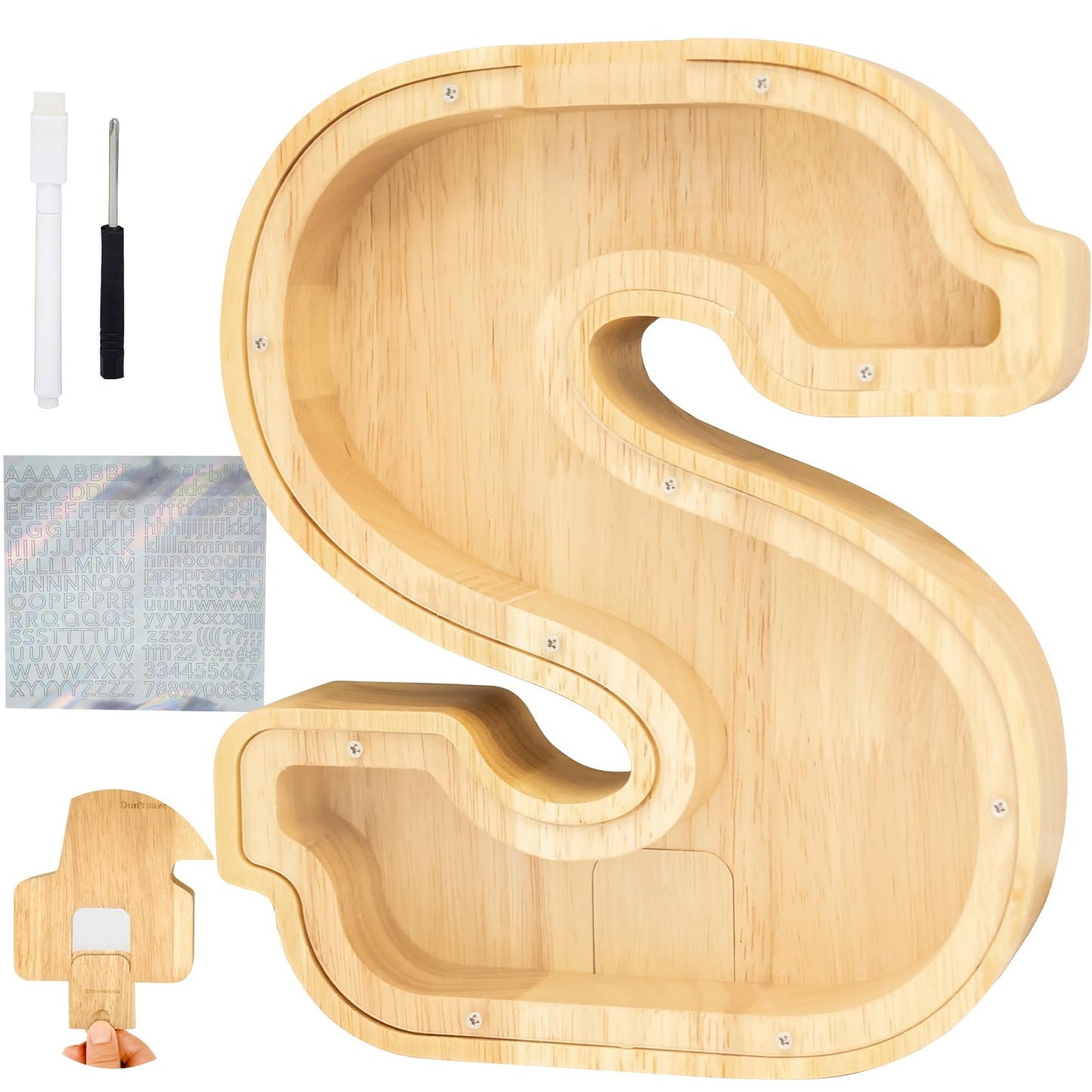 Bitreeworks Letter Piggy Bank, Personalized Wooden Coin Banks, Large Wood Money Peny Bank for Adults (9'', Alphabet S)