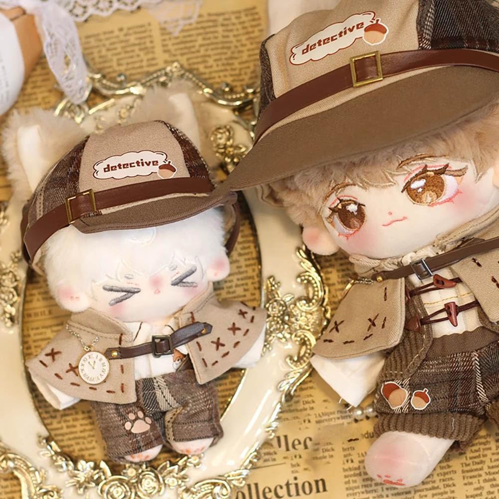 Niannyyhouse 10Cm 15Cm 20Cm Doll Clothes Brown Hat Shirt Strap Pants Shawl Vest Leather Shoes Vintage Detective Suit Soft Plush Toy Dress Up (15Cm)