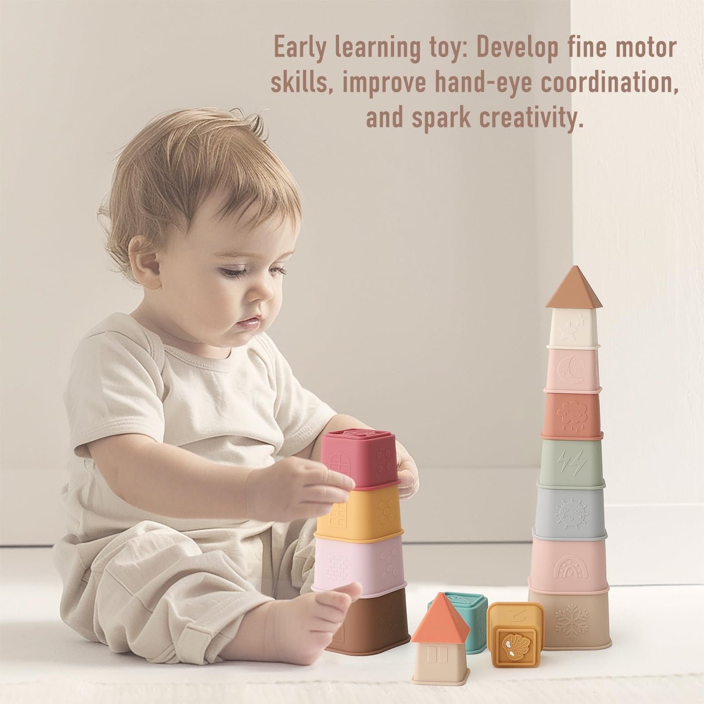 Yiveko Baby Stacking Cups Toy, Silicone Stacking Tower, Silicone Soft Teething Toy Educational Baby Toys, Baby Building Toys Blo