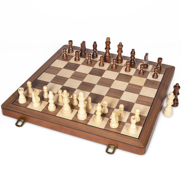 Elongdi 15' Wooden Chess Set With Magnetic Pieces - Extra Queens - Folding Chessboard Portable Travel Tournament Chess Board Games For Adults Kids