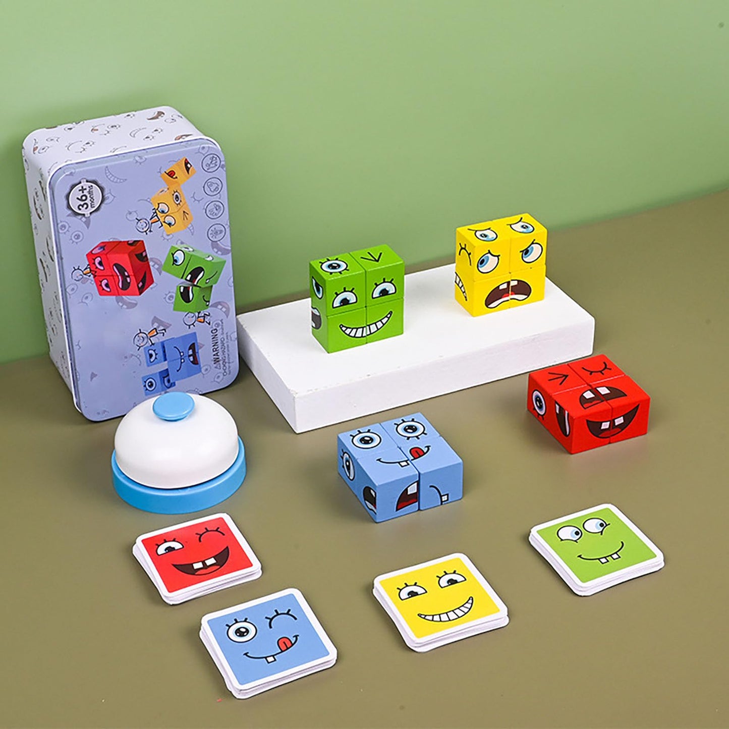 Alalatois Large Wooden Face Expression Puzzle Building Cubes Manipulatives Face Changing Magic Cube Puzzles Matching Game With B