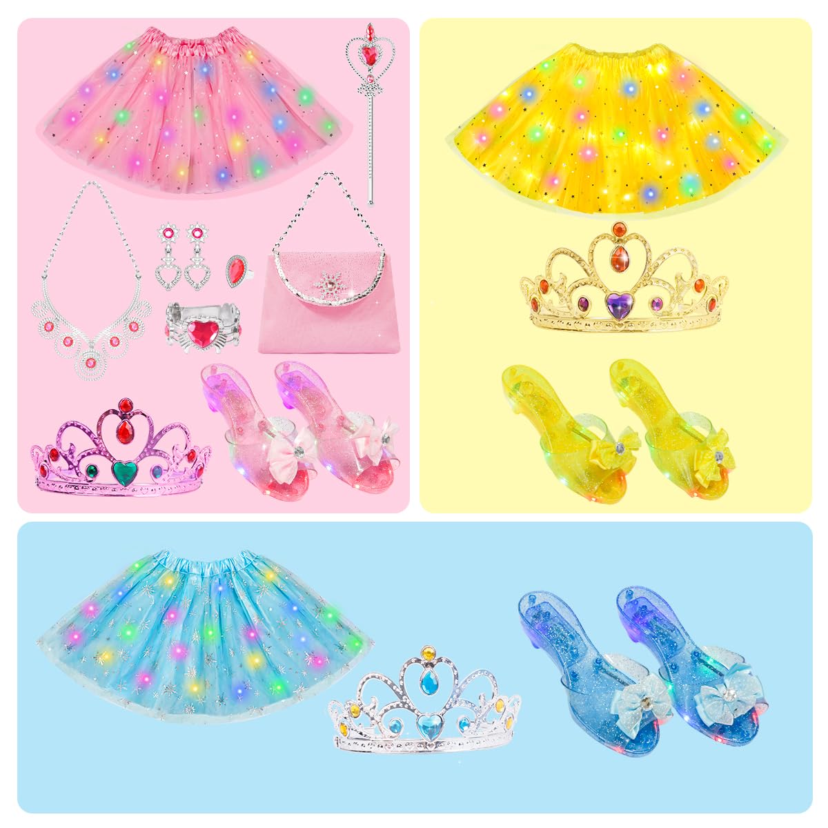 Meland Light Up Princess Dress Up - Dress Up Clothes For Girls With Skirts, Princess Purse & Light Up Play Shoes, Princess Toys Gift For Toddler Girls Age 3,4,5,6 Year Old For Birthday Christmas
