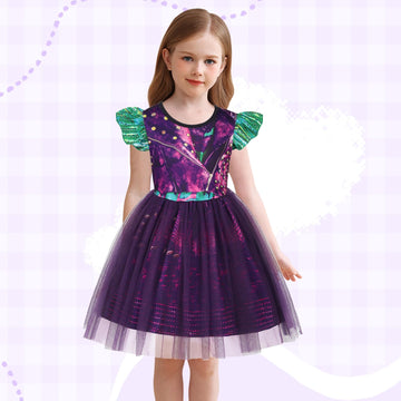 HenzWorld Girls Purple Dress Kids Costume Dress up for Girls Short Flutter Sleeve Tulle Dresses Halloween Cosplay Theme Party Ou