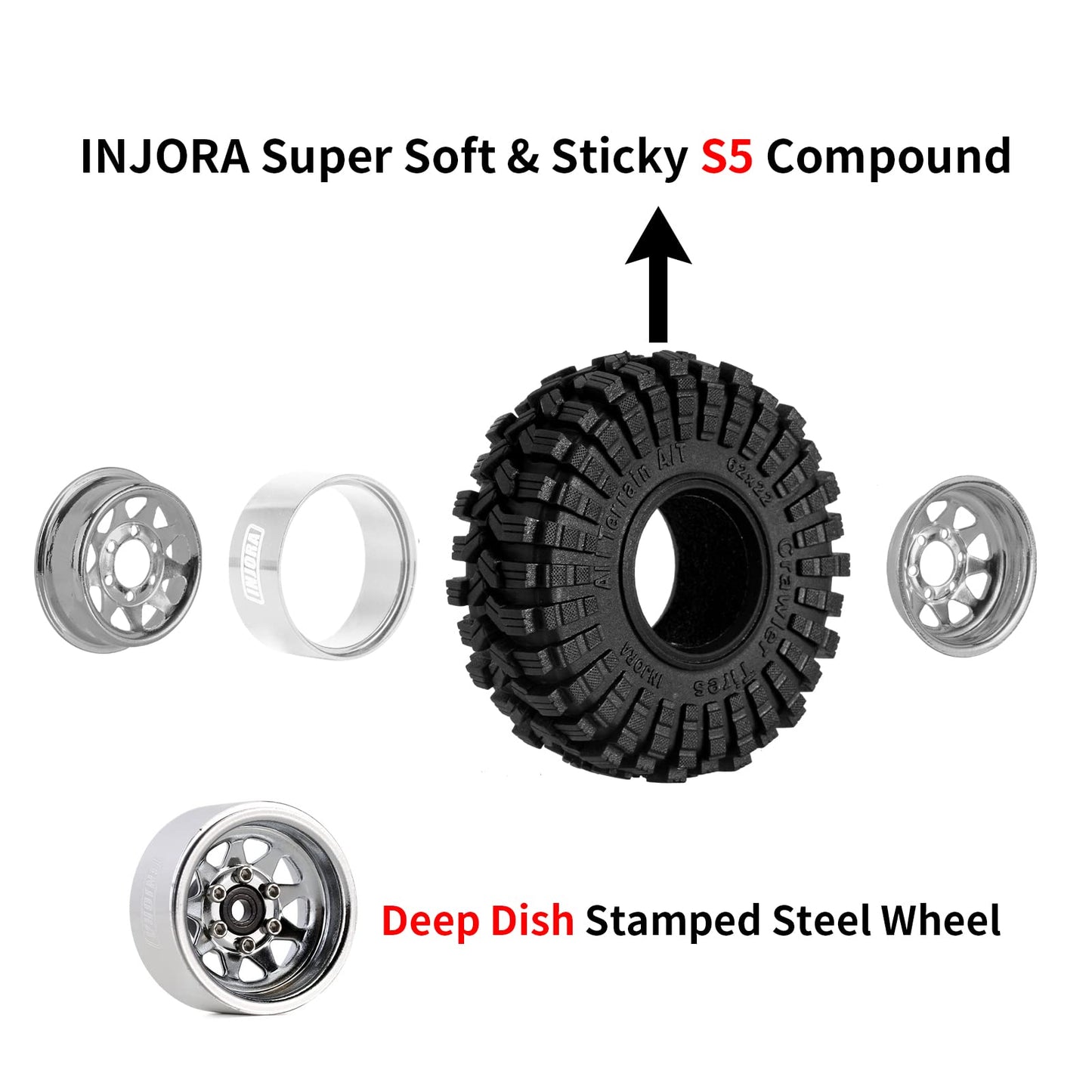 INJORA 1.0 Beadlock Wheel Tires Set -3.78mm Offset Wheel Rims for 1/18 1/24 RC Crawler Car Axial AX24 SCX24 FMS FCX24 TRX4M,Silv