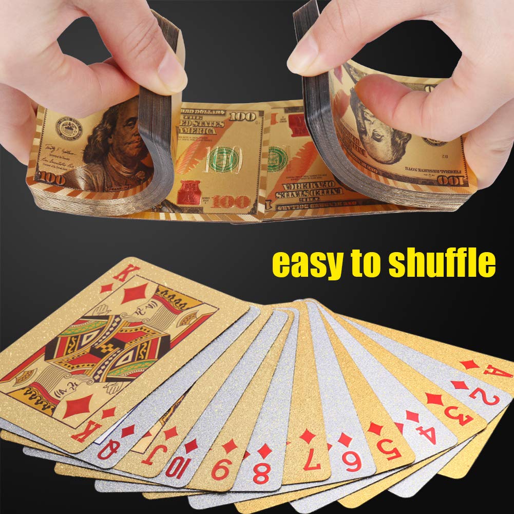 Joyoldelf Playing Cards, 2 Decks Of 24K Playing Cards With Dollar Pattern, Waterproof Playing Cards & Flexible Poker With Box - Classic Magic Tricks Tool For Party And Game, 1 Gold + 1 Silver