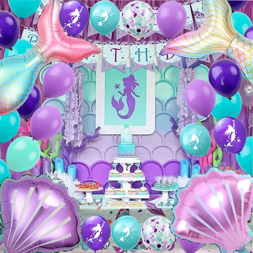 Morofme 22Pcs Mermaid Theme Balloons Mermaid Tail Balloon Sea Shells Confetti Latex Balloons Purple Teal Balloon Helium Foil Ocean Decorations For Girls Ocean Under The Sea Theme Party