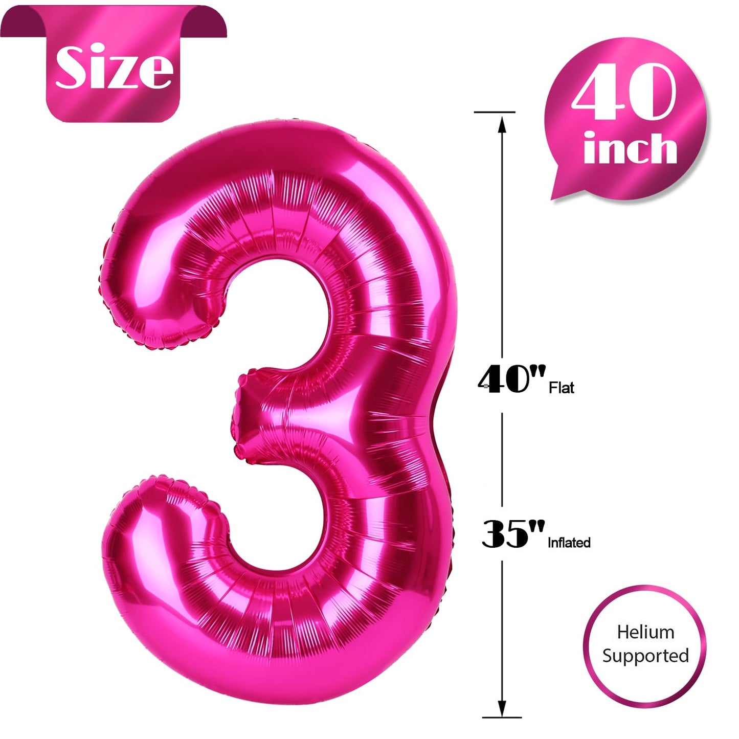 Hot Pink Number 3 Balloon 40 Inch, 3 Balloon Number, 3Rd Birthday Decorations, Hot Pink Party Supplies For Boys Girls