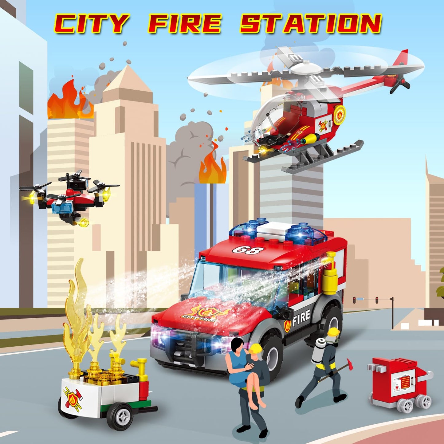 Mkmimo City Fire Station Building Kit, Compatible With Lego Fire Rescue Building Blocks, Includes Fire Station, Fire Truck, Fire