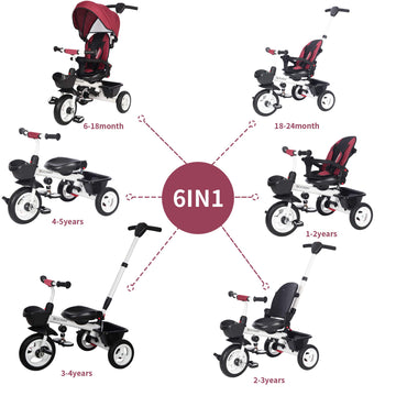 JMMD Baby Trike 6-in-1 Stroller Tricycle, Adjustable Handle, Red, Alloy Steel, 39.8x30x15.5 Inch, Safety Harness for 6 Months