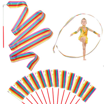 Hiunicorn 12Pcs Rainbow Party Favors Dance Ribbons For Kids Circus Carnival Rhythmic Gymnastics Birthday Party Decoration Supplies, Ribbon Baton Twirling Sticks Silks Streamers Wands For Girls