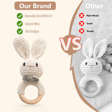 Wooden Baby Rattle, Handcrafted Crochet Bunny Rattles With Wooden Teething Ring, Beige Rabbit Newborn Toy Stuffed Animal Organic
