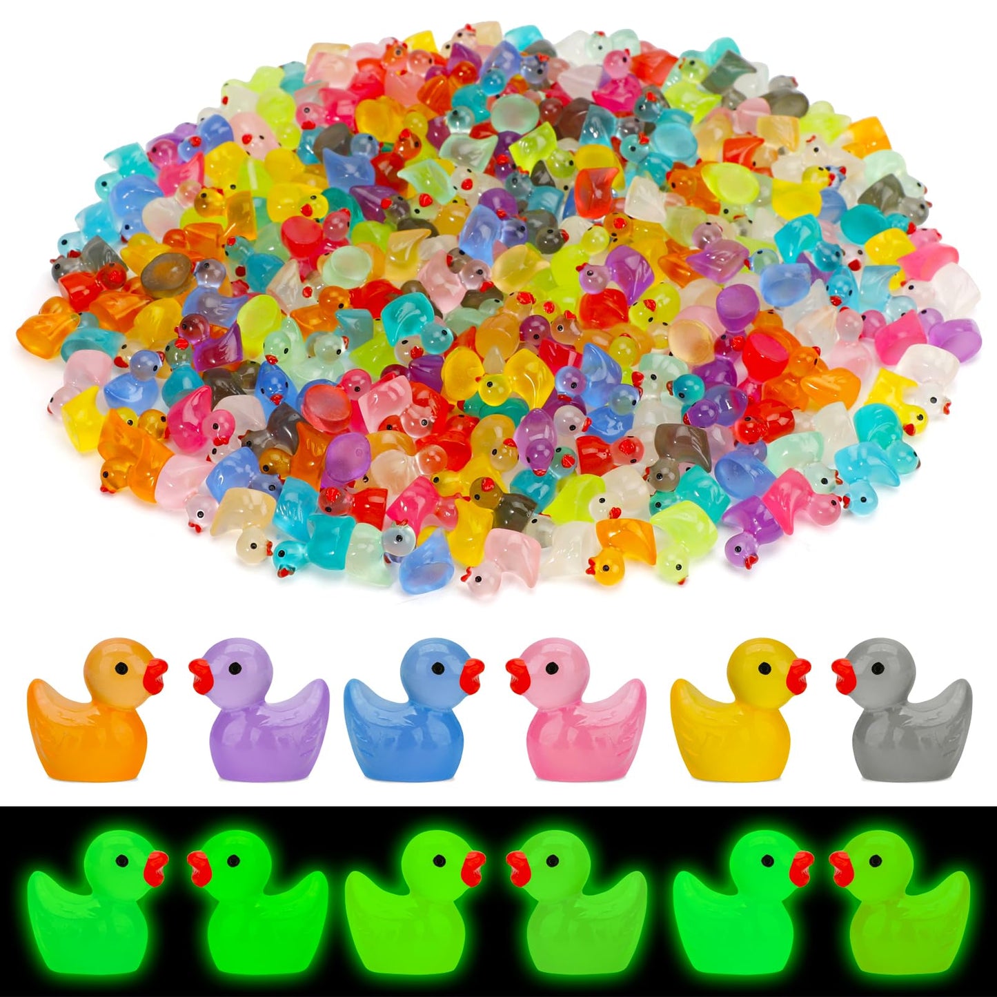 Jyxt 250 Pcs Mini Resin Ducks Glow In The Dark, Tiny Animals Figures To Hide Luminous Miniature Plastic Duck For Fish Tank Aquar
