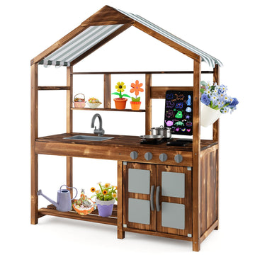 Costzon Mud Kitchen, Outdoor Play Kitchen with Canopy, Chalkboard, Stoves, Removable Sink, Cooking Accessories and Storage, Wood