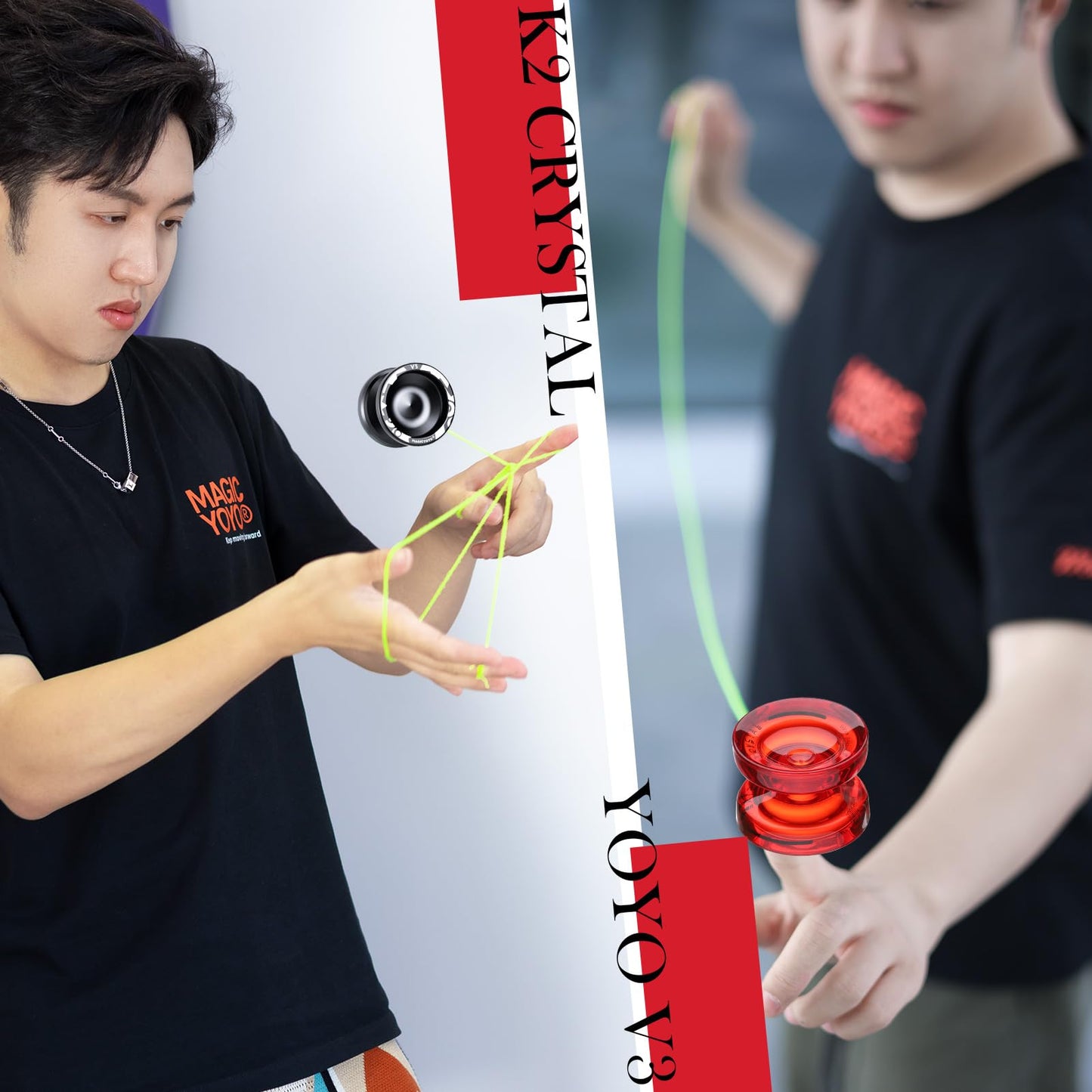 ShungRu Yoyo 2 Pack Responsive for Kids, V3 Black & K2 Red, Professional Metal & Crystal YoYos, 12 Strings, 2 Cases, Bearing Tool