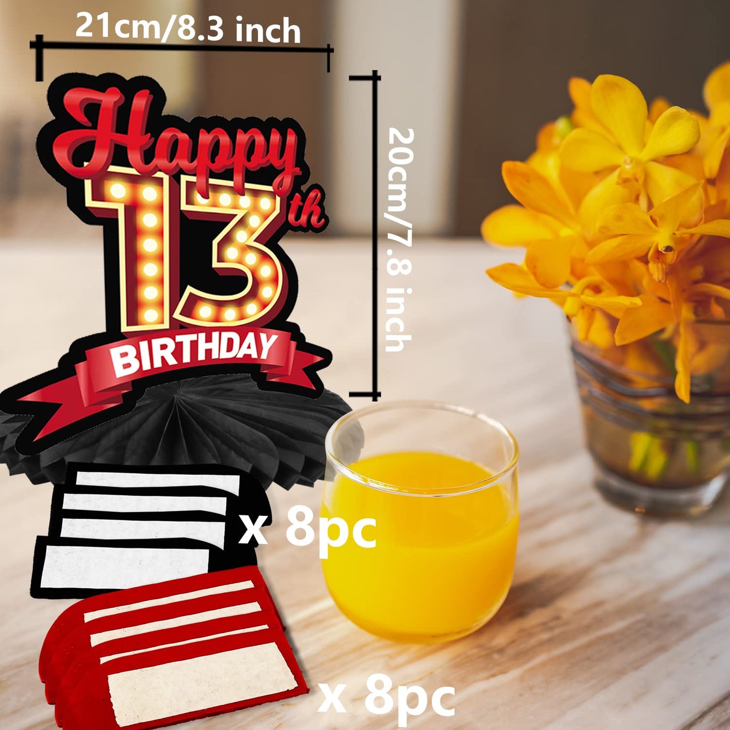 Happy 13Th Birthday Red And Black Table Honeycomb Centerpieces Balloons Theme Decor Table Decorations Table Toppers For Girls Women Princess 13 Years Old Birthday Party Bday Supplies Background Gold