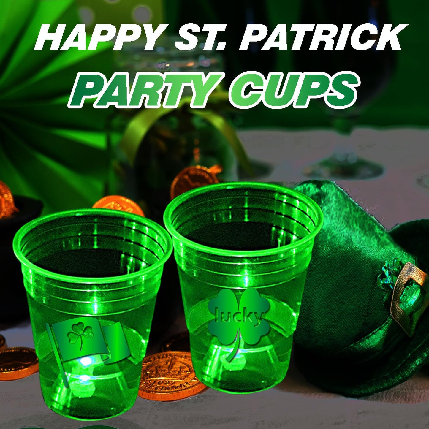 mishunyus 24 Pcs Glow St.Patricks day Cups,St.Patricks Day Party Supplies,Shamrock Party Cups for Party Decorations,Party Favo