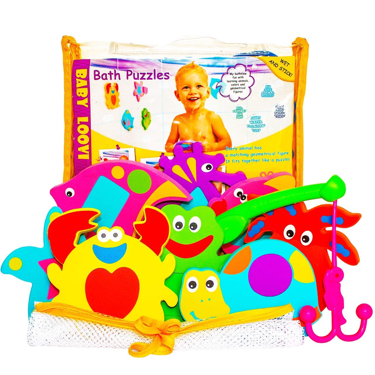 Foam Bath Toys - 100% Non-Toxic Floating Puzzles Animals - Early Learning Bathtub Toy - Fun Educational Geometric Shapes For Toddlers Kids Boys Girls - Free Bath Toy Organizer & Fishing Rod