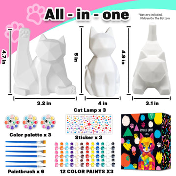 FUNZBO 3pcs Paint Your Own Cat Lamp Kit - Arts and Crafts Supplies Kitten Painting Kits for Kids Teens Adults, DIY Night Light T