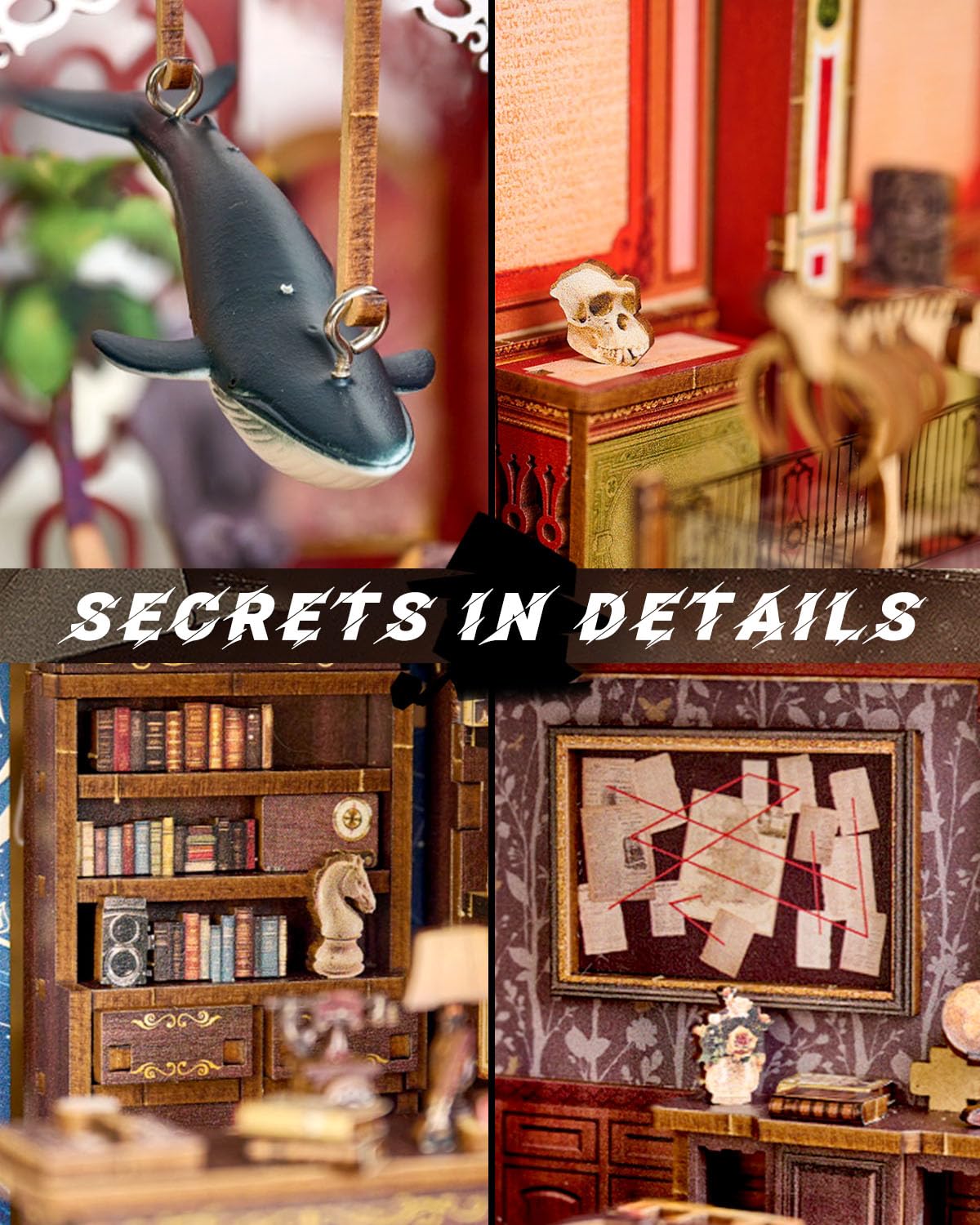 OurMiao Book Nook Kit Detective, DIY Miniature Booknook Kit for Adults with LED Lights, 3D Wooden Puzzles Bookshelf Insert Decor