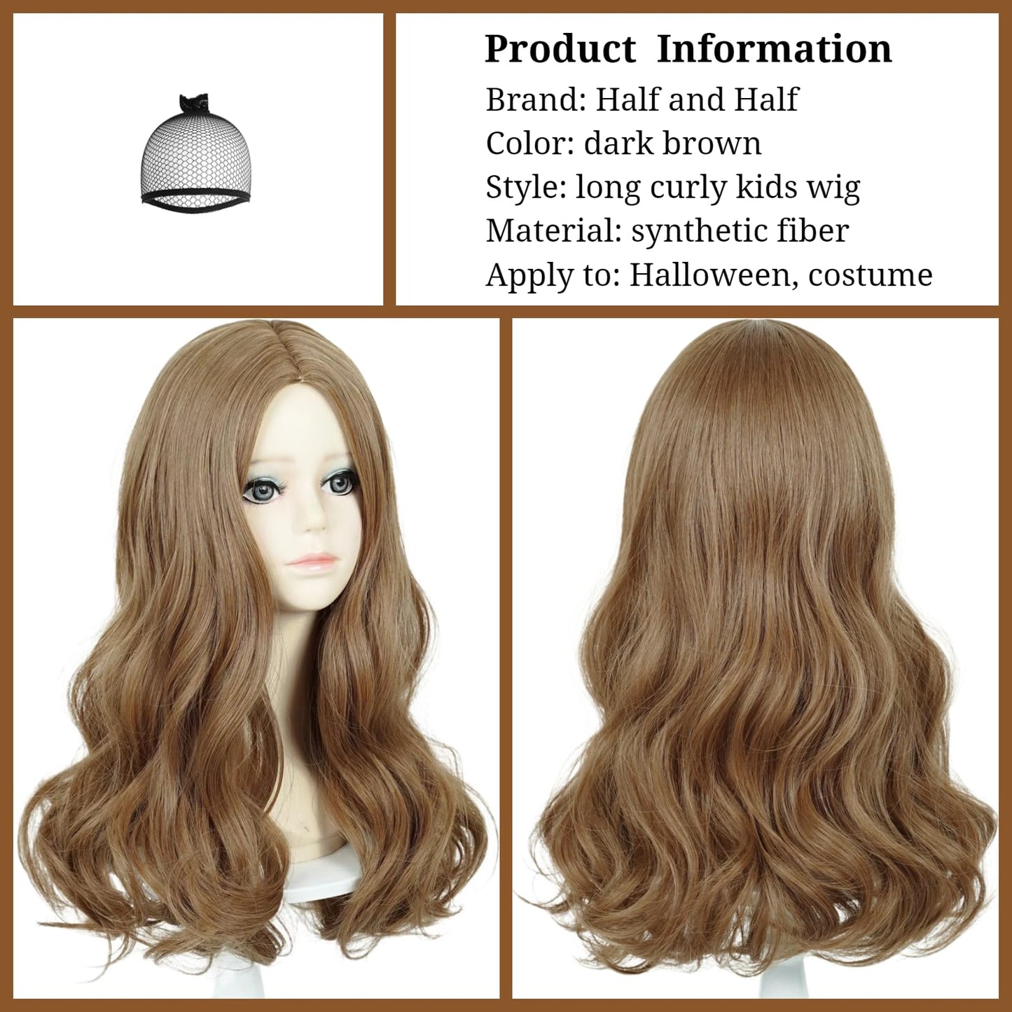 M3Gan Wigs For Kids Girls Long Curly Brown Kids' Creepy Cosplay Wig Child Long Wave Middle Part M3Gan Wig With Hair Net For Toll