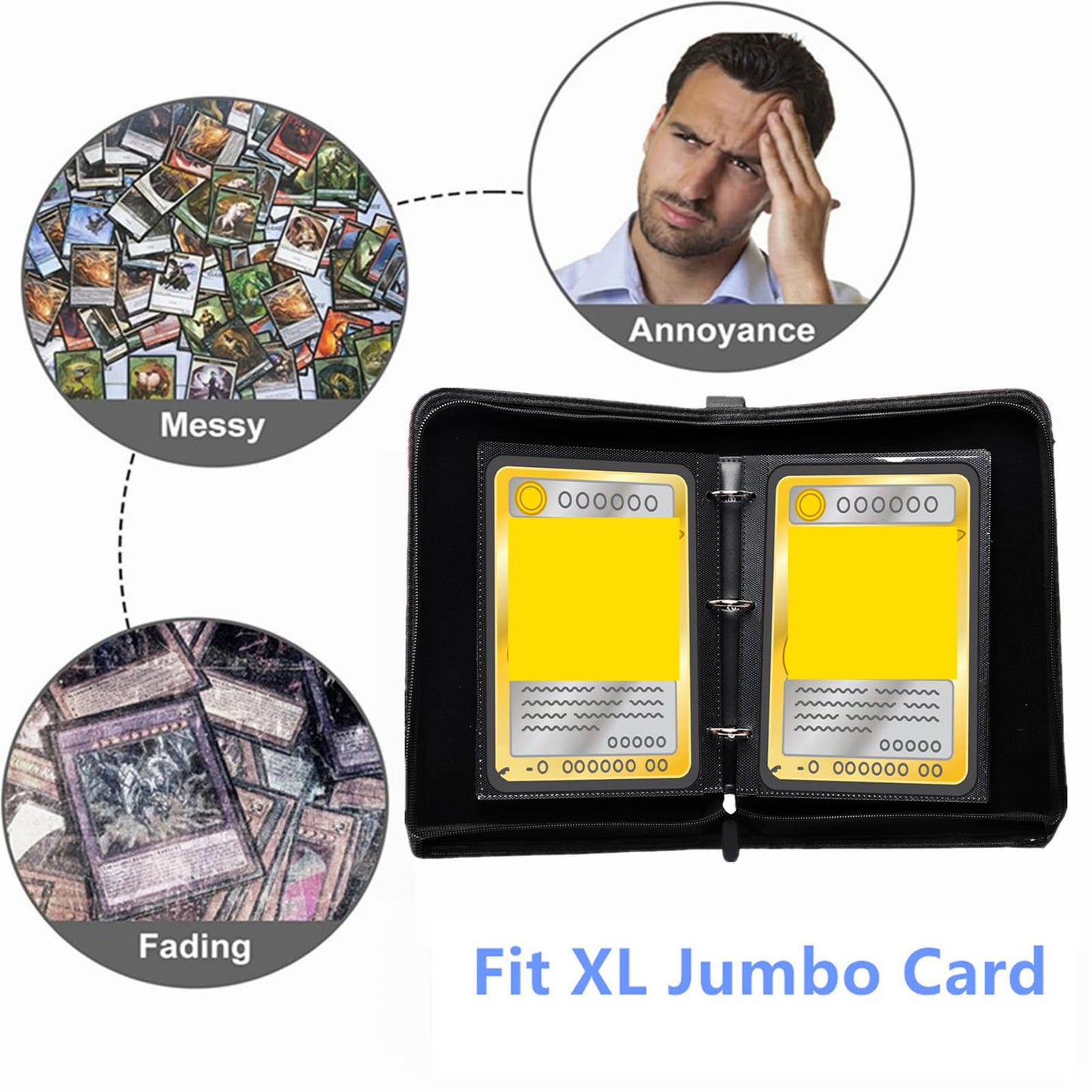 Card Binder for Jumbo/Oversized Cards 80+ Pockets Card Storage Abulm with 40+ Double-Sided Removable Pages enhanced Leather Binder for Trading/Gaming Cards (Black X-Large 5.4x7.5)