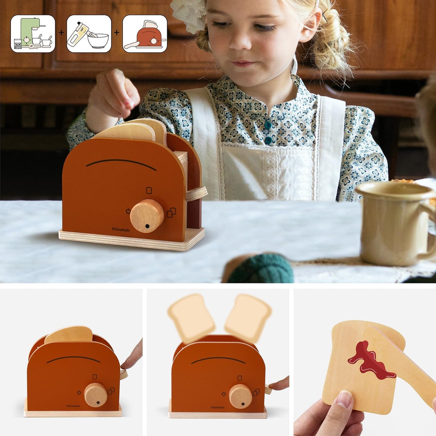 Pillowhale Kids Coffee Maker Playset,Wooden Toy Toaster,Toy Mixer,3-in-1 Kids Kitchen Playset,Pretend Play Kitchen Accessories,W