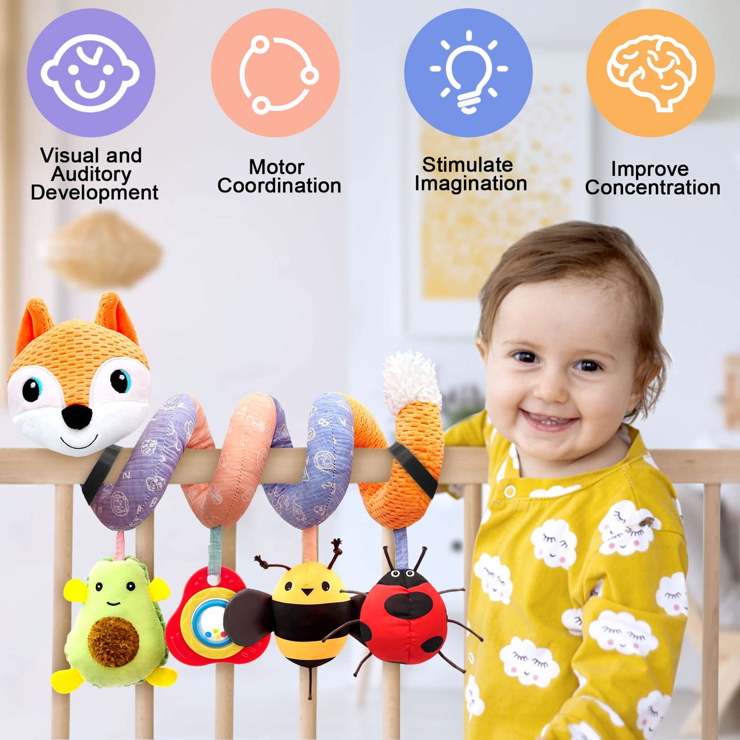 Car Seat Toys Newborn Toys, Stroller Toys Baby Toys 0-3 Months Infant Toys, Baby Toys For Carseat Stroller Crib With Music Rattles Teether, Baby Toys For 0 3 6 9 12 Boys Girls Enfants (Orange)