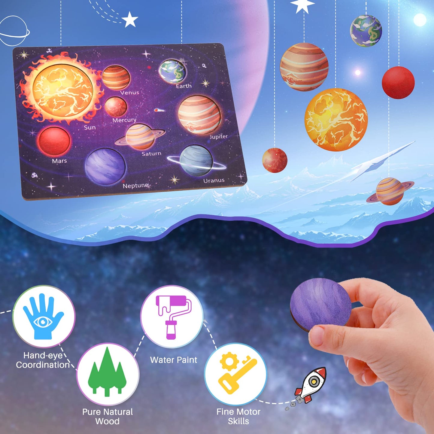 Zeoddler Upgraded Solar System Puzzle for Kids 3-6, Wooden Space Toys, 11.8 x 8.6 inches, Educational Gift for Boys & Girls