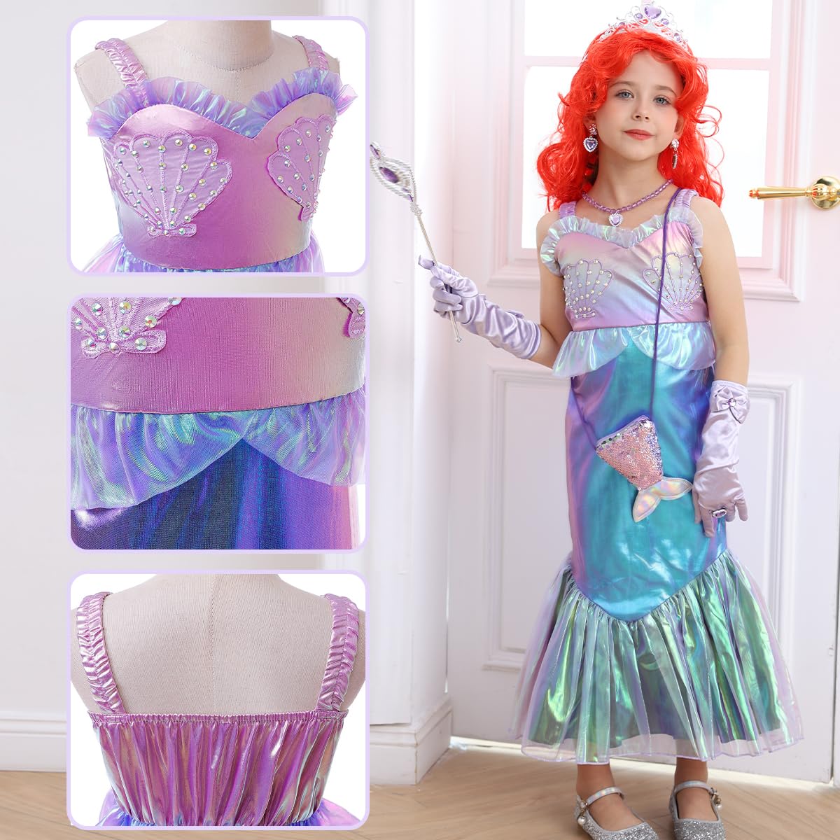 Luzlen Litttle Mermaid Costume Girls Princess Ariel Dress Up Purple Outfit With Wig For Birthday Halloween Cosplay Party, 2-3T(Tag 100)