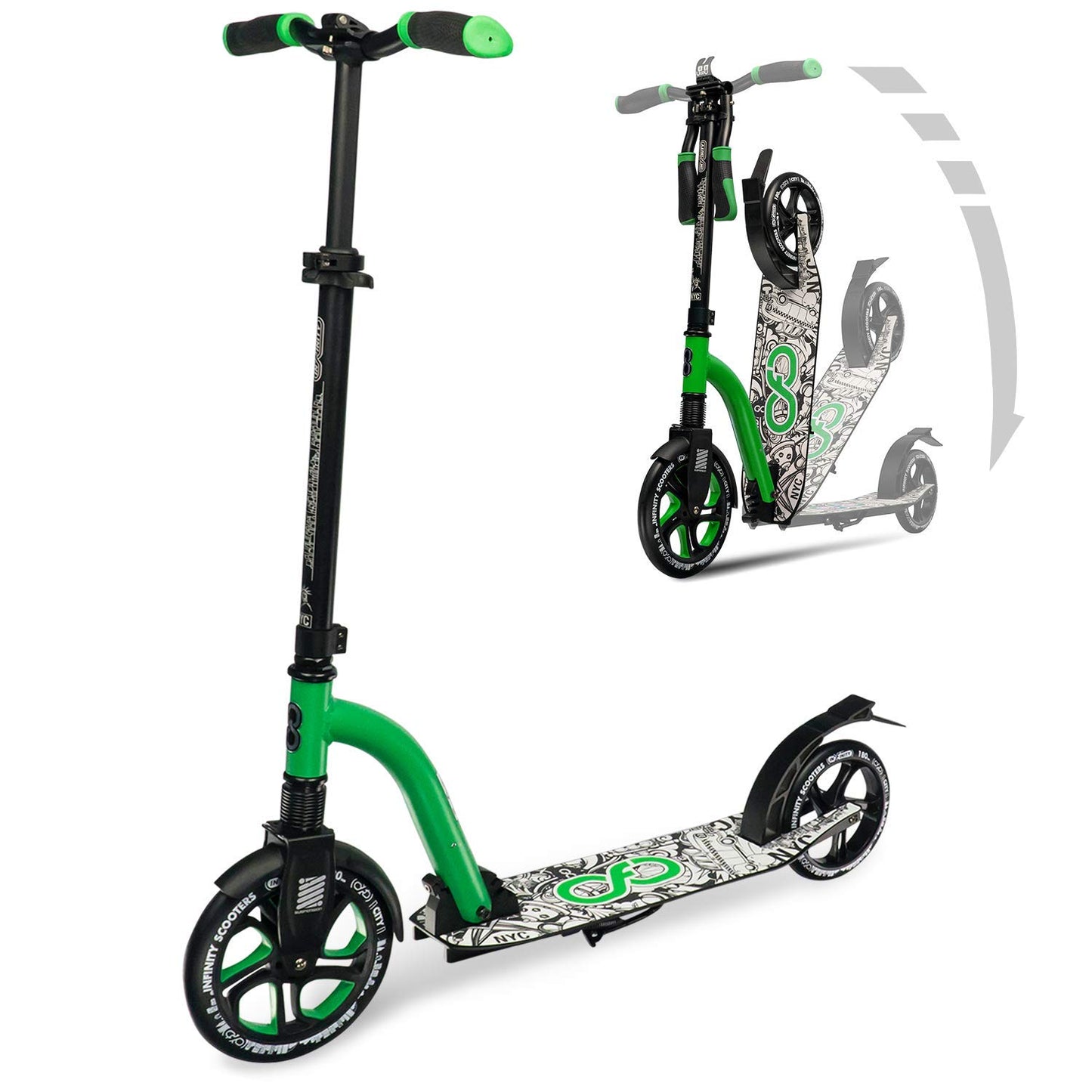 Crazy Skates Foldable Kick Scooter - Kick Scooters For Adults, Teens And Kids With Carrying Strap - Fast Folding, Adjustable Handlebars And Lightweight - New York City Scooter (Nyc) - Green