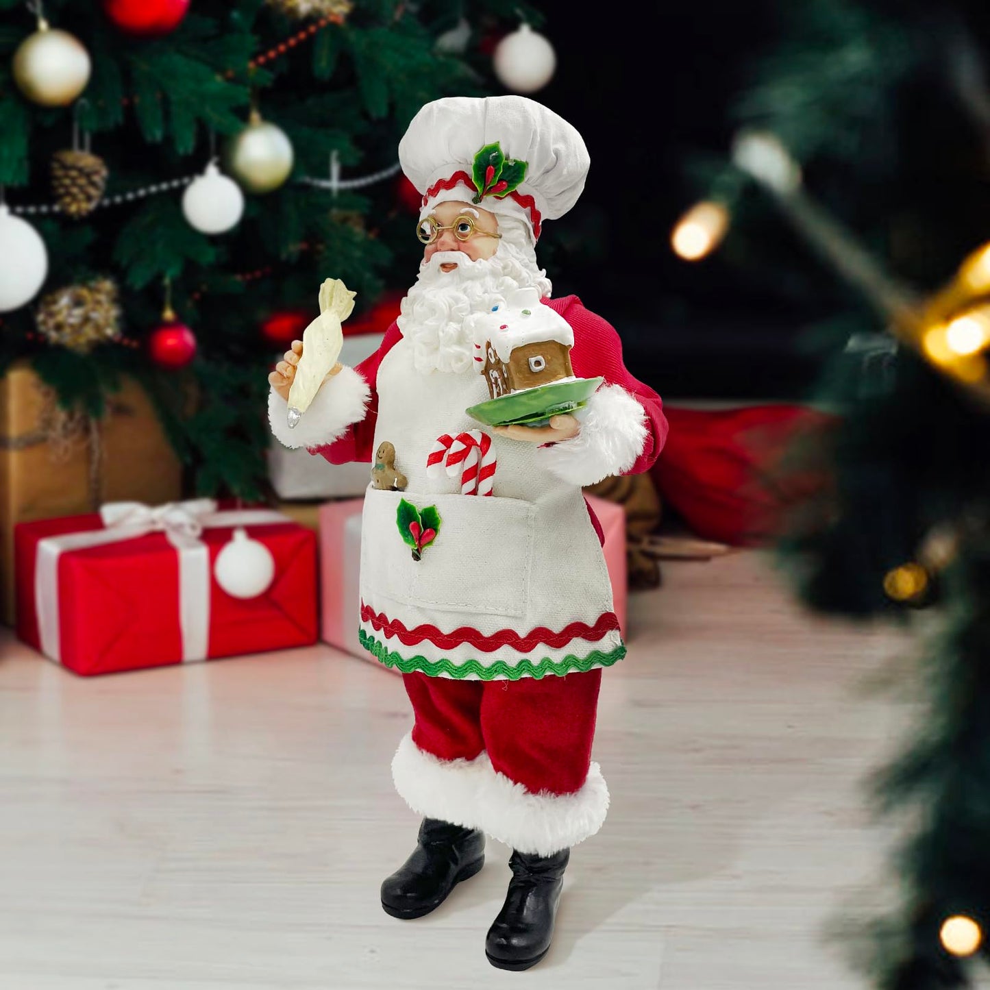 Amyoxu 11-Inch Cooking Chef Santa With Gingerbread House,Resin Statue Santa Figurine Christmas Decoration Ornament Xmas Gift