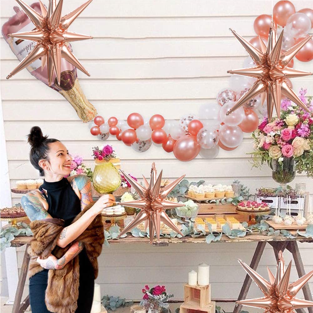 Toniful 4 Pcs 22Inch 4D Huge Rose Gold Star Balloons Explosion Star Mylar Foil Balloons For Party Supplies Backdrop Christmas Ne