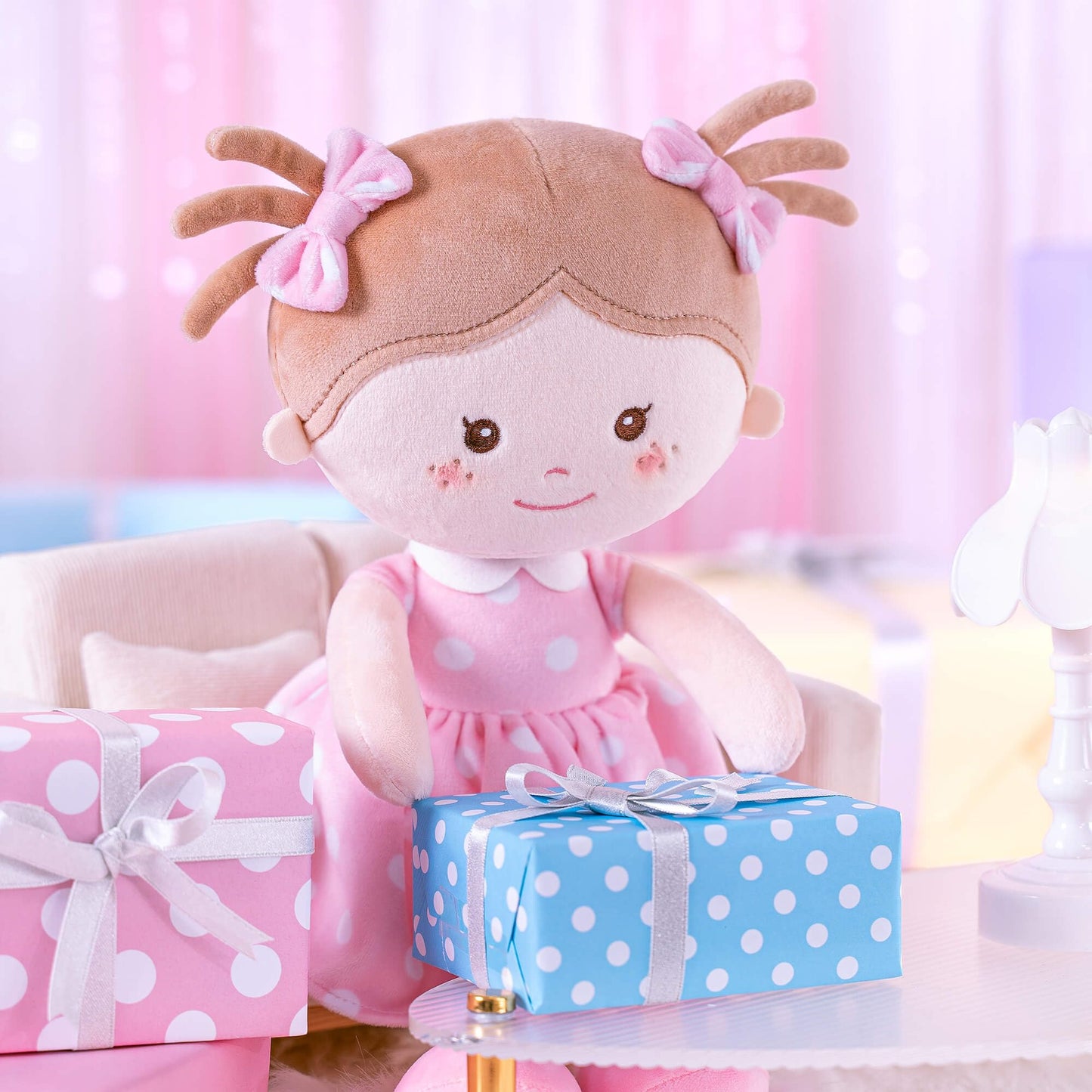 Onetoo Plush Rag Doll Sleeping Cuddle Buddy Doll Soft Baby Doll For Girls First Baby Doll Wear Pink Skirt Dress 14'(Milly Series)