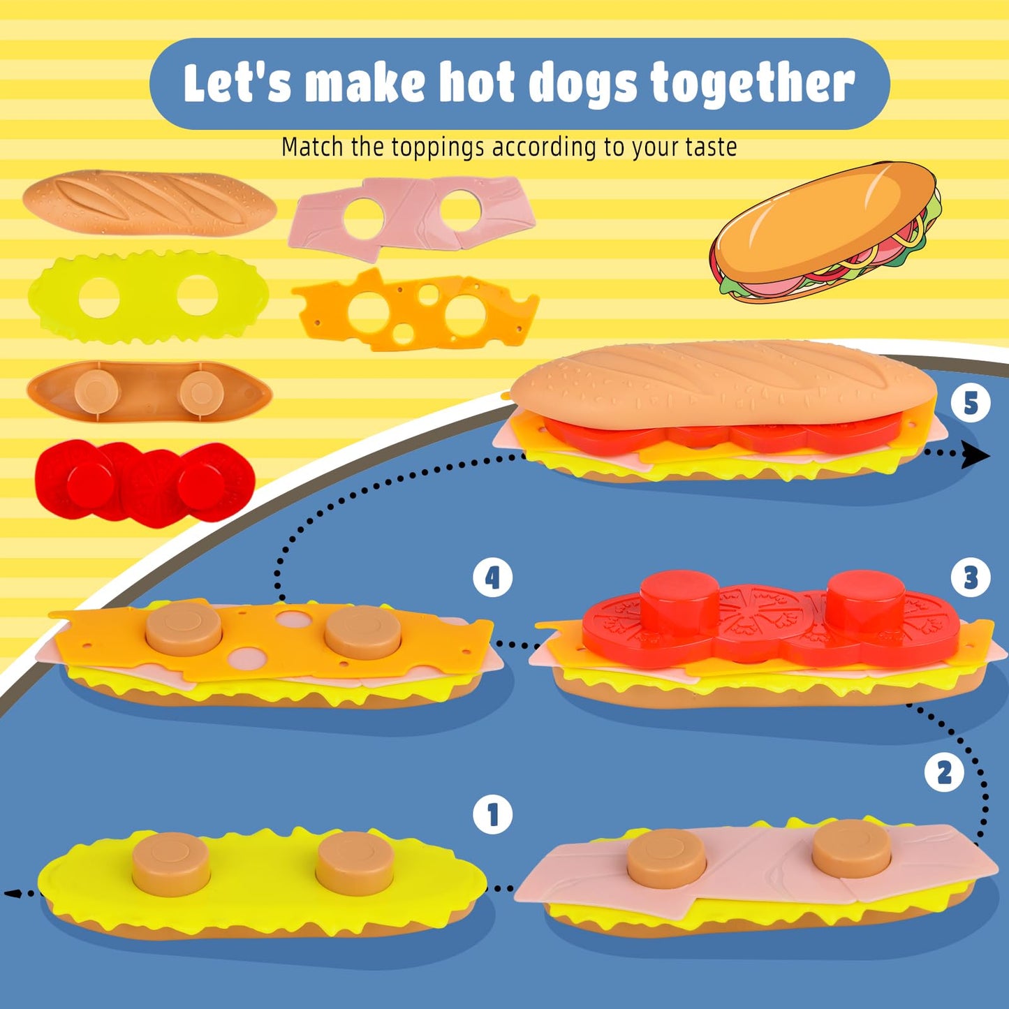 Pretend Play Fast Food Set,Play Food for Kids with Take Apart Burger and Hot Dog Plastic Toys Food,Play Kitchen Accessories Role