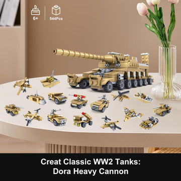 Wingift 544 Piece Ww2 Army Tanks Toy Building Sets, Create A German Dora Heavy Cannon Model/16 In1 Small Military Vehicles,Great
