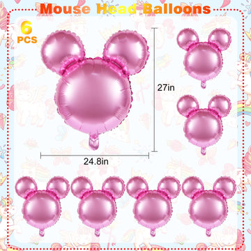 6 Pcs Mouse Head Balloons, 24'' Mouse Mylar Balloon Jumbo Mouse Head Aluminum Foil Balloons For Birthday Party Decorations Baby Shower Supplies Party Favors (Pink)