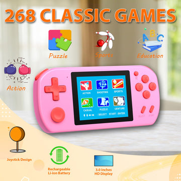 Beico Handheld Game Console - 268 Classic Games, 3.0" Color Screen, Portable, Rechargeable, Pink - Perfect Gift for Kids & Adults