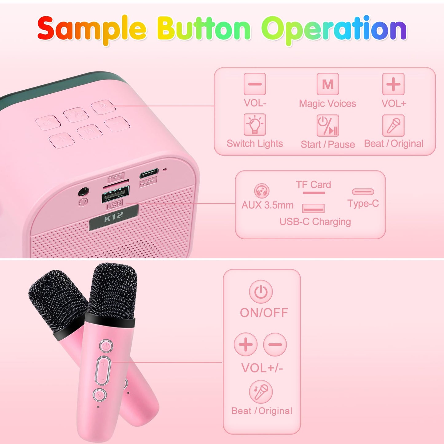 Mini Karaoke Machine For Kids Adults, Portable Bluetooth Speaker With 2 Wireless Microphones, Christmas Birthday Gifts Party Toy