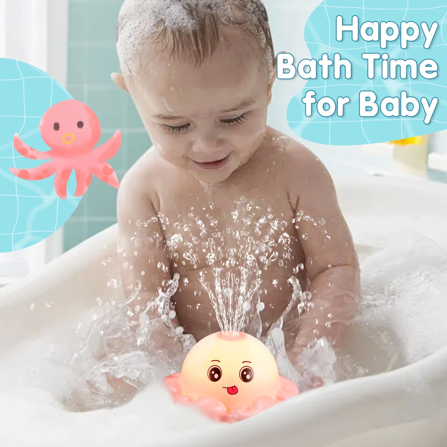 Gigilli Light Up Octopus Bath Toy - Fun Bath Fountain for Kids Ages 1-3, Perfect Baby Easter Gift and Birthday Stuffer, Small Size