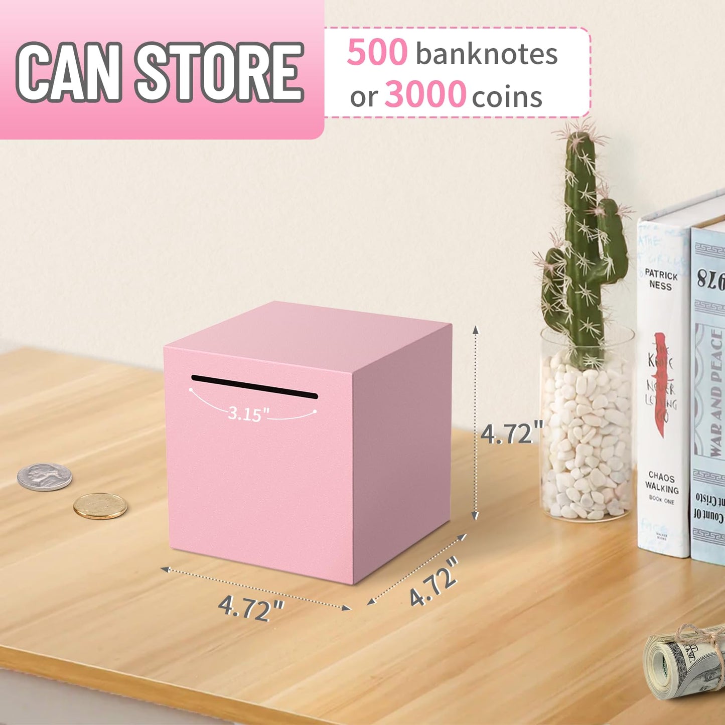 Kypeeka Unbreakable Stainless Steel Piggy Bank for Adults, Pink 4.72 - Must Break to Open Metal Savings Box for Cash