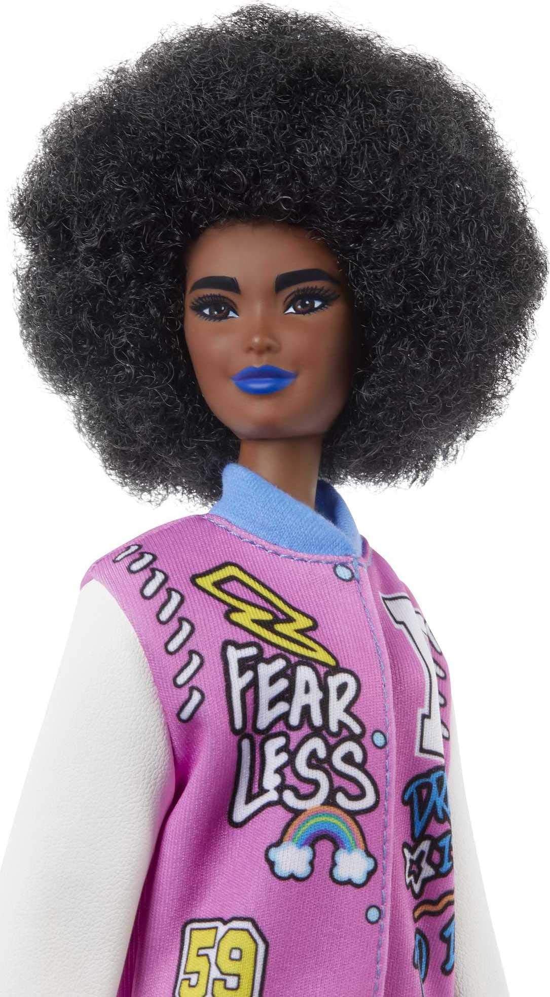 Barbie Fashionistas Doll #156 With Brunette Afro & Blue Lips Wearing Graphic Coat Dress & Yellow Shoes, Toy For Kids 3 To 8 Year