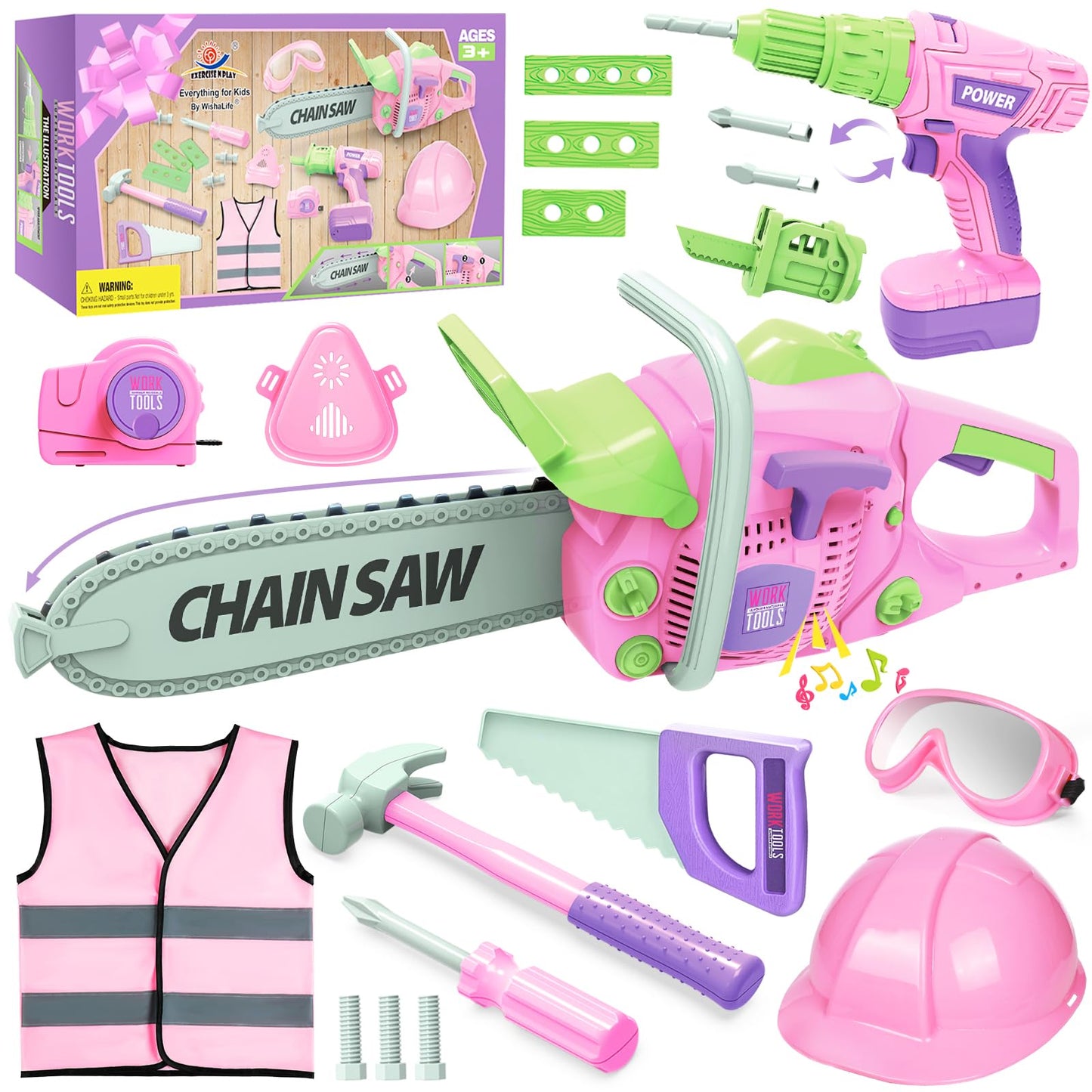 WishaLife Kids Tool Set for Girls - Toddler Tool Set with Toy Chainsaw, Drill, Pretend Play Construction Tools Toy Gift for Kids