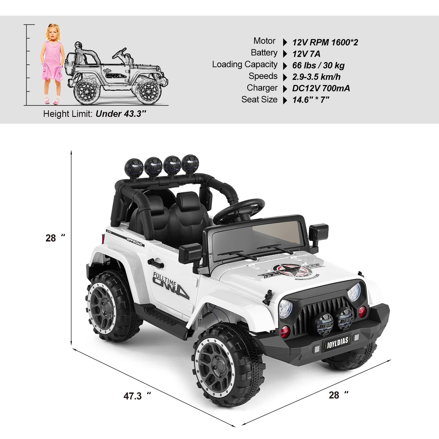JOYLDIAS Kids Ride On Truck with Storage Space, 12V Childrens Electric Car with 2.4G Parental Remote Control, Music, Bluetooth,