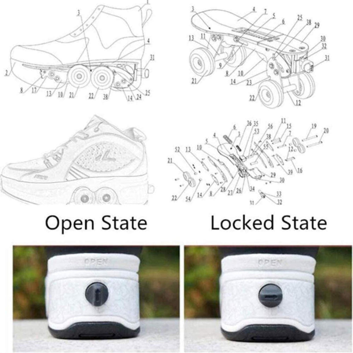 Double-Row Deform Wheel Automatic Walking Shoes Invisible Deformation Roller Skate 2 in 1 Removable Pulley Skates Skating Parkour (with Light US 5.5)