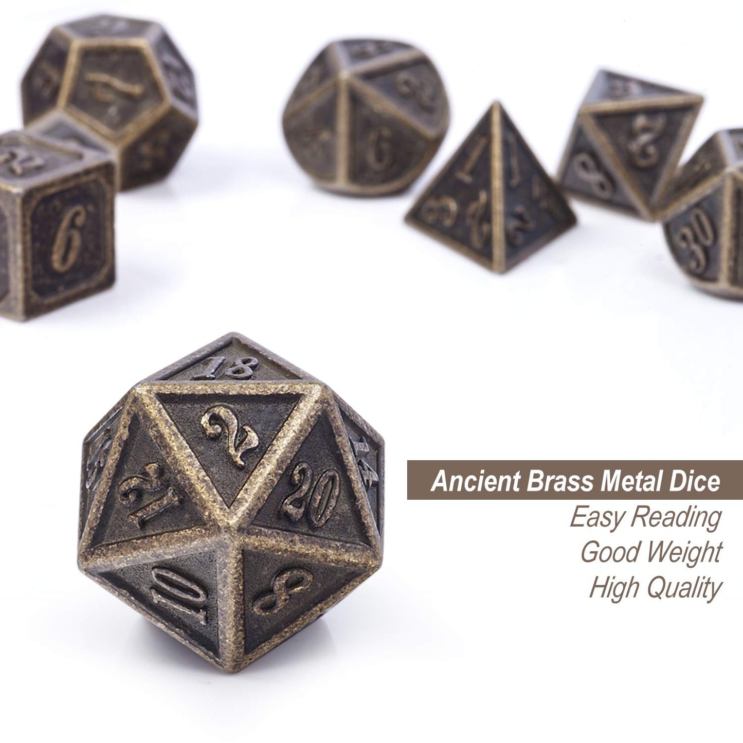 DnDnD Ancient Design Dice, 7PCS Brass DND Metal Dice with Metal Box for Table Games Dungeons and Dragons D&D